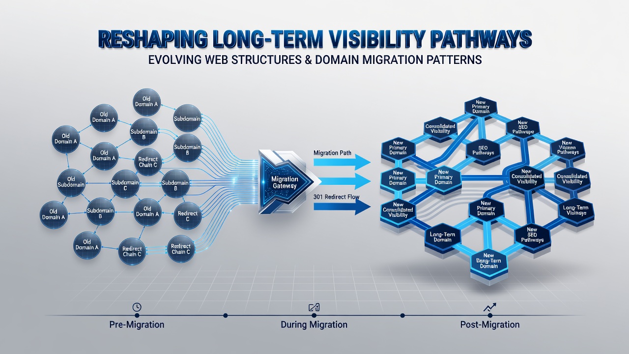 Graph depicting long-term visibility recovery curves following domain migrations in web ecosystems